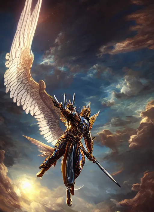 Image similar to archangel micheal flying in sky by huang guangjian, taekwon kim rostbite 3 engine, cryengine, dof, trending on artstation, digital art, chanel, dior, fantasy and detailed and intricate background