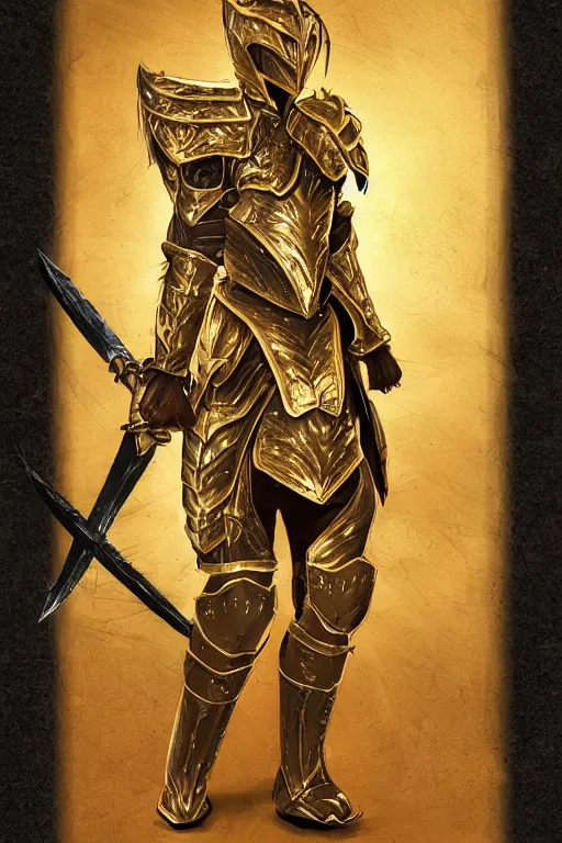 Prompt: Golden dragon born fighter wearing plate armor