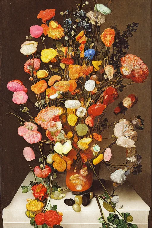 Image similar to still life of a bouquet of flowers made of gummy bears and jelly beans, Northern Renaissance,