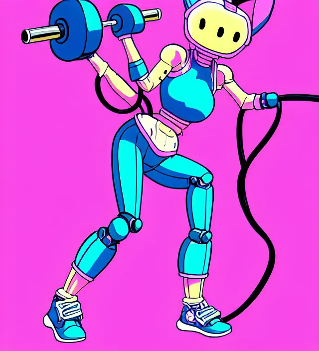 Image similar to retrowave robot rabbit girl in workout clothes, carrying eletro - whip, animation character design by akira toriyama, don bluth, jack kirby, alex toth, hasbro, action - adventure, sharp detail, artstation trending, conceptart. com