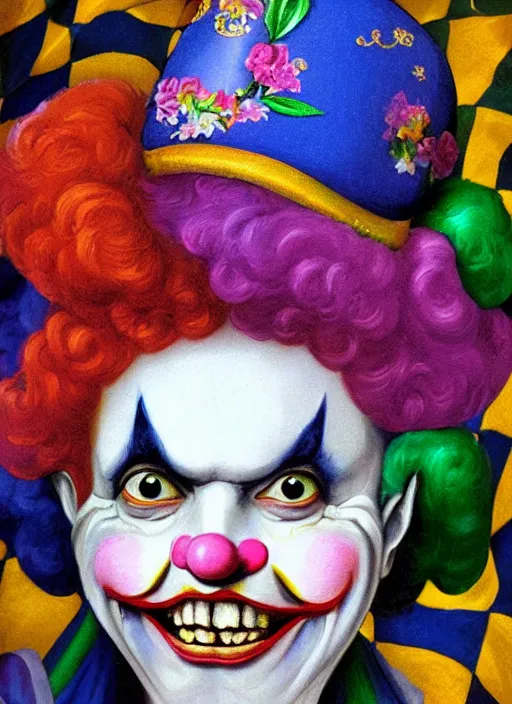 Prompt: baroque rococo painting Royal Jester clown male Hildebrandt Lisa Frank high detail cute adorable whimsical up close clown jester hat