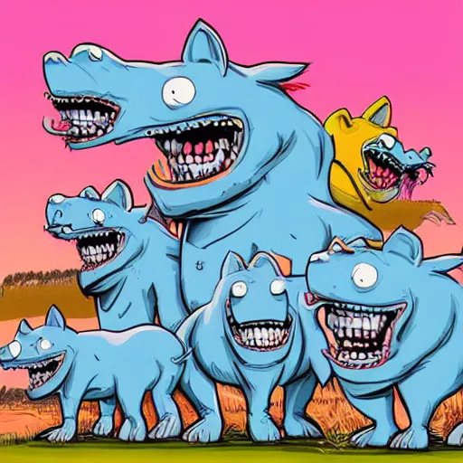 Prompt: digital cartoon illustration of a group of feral hogs by alex pardee, cartoon art, creative design