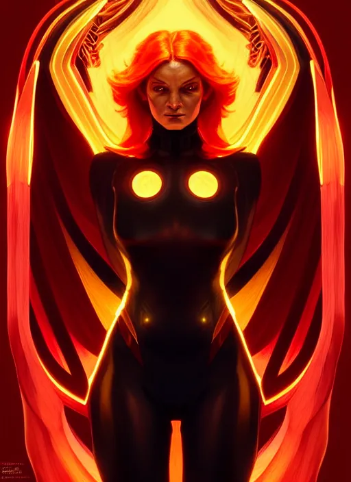 Prompt: symmetry portrait of the dark phoenix from x - men, glowing lights, intricate, elegant, highly detailed, digital painting, artstation, concept art, smooth, sharp focus, illustration, art by artgerm and greg rutkowski and alphonse mucha