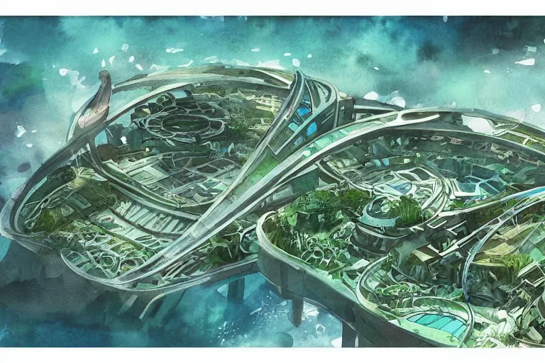 Prompt: watercolor artwork of futuristic underwater eco friendly city : : green, art nouveau, trending on artstation