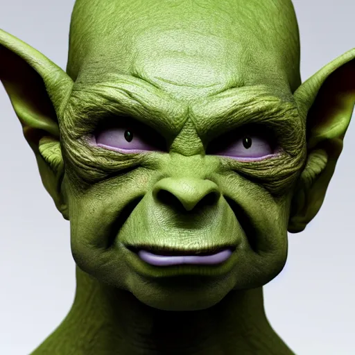 Image similar to portrait of a goblin. Green skin, pointy nose and evil grin. Detailed face. Photo 8K.