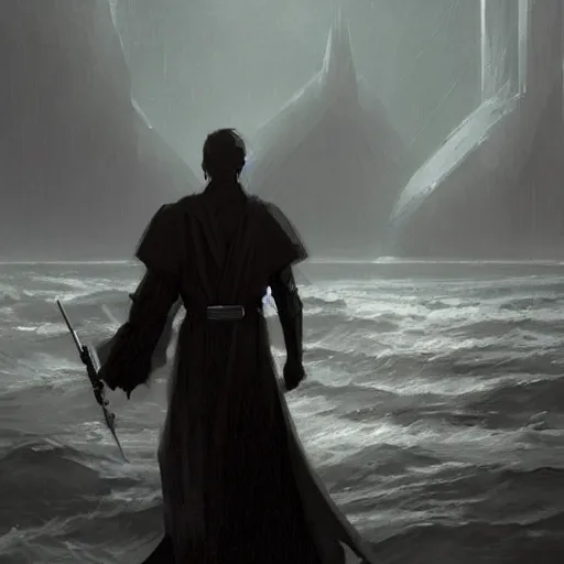 Prompt: star wars concept art by greg rutkowski, a palatial and imposing grey tall man in dark clothes godemerging from the sea in the middle of a ocean landscape, enigmatic atmosphere, beautiful and cinematic lighting, artstation hq.