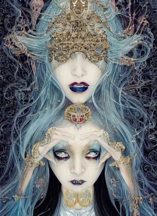 Image similar to breathtaking detailed art portrait painting of evil fantasy sorceress vampire, orthodox saint, with anxious, piercing eyes, ornate background, amalgamation of spells, by Hsiao-Ron Cheng, James jean, Miho Hirano, Hayao Miyazaki, extremely moody lighting, Black paper, cut paper texture, Full of light-blue and silver and white layers, 8K