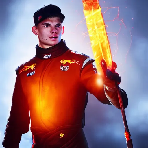 Prompt: Max Verstappen wearing peasants outfit holding a glowing fire magical staff. Trending on Artstation, octane render, ultra detailed, art by Ross tran