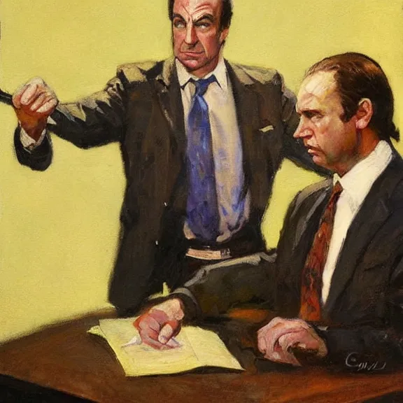 Image similar to saul goodman defending a case in court, painting by dean cornwell