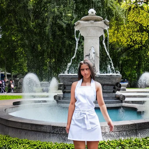 Prompt: a full body portrait of a very very very beautiful young woman wearing a white apron standing in front of a fountain in a park, very detailed, William-Adolphe, photo taken with Sony a7R