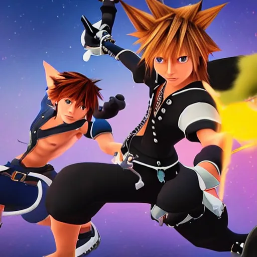 Prompt: two cats fighting in the style of kingdom hearts, this image came from kingdom hearts 3, cats wielding keyblades