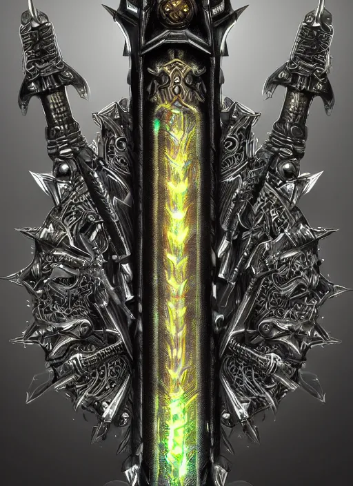 Image similar to legendary glowing sword of cybernetic technology, intricate, sharp black and iridescent blade, ornate gothic baroque spikes coming out, colorful hilt, vivid detailed realistic, ray tracing, colored gems, golden pommel, artstation, deviantart