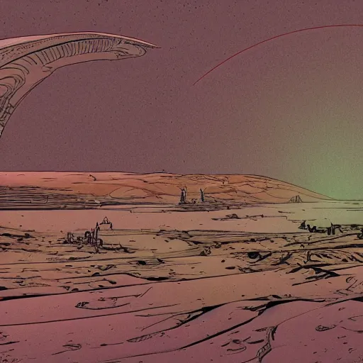 Prompt: western sci - fi planet in the style of moebius