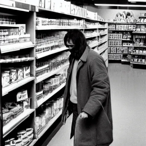 Prompt: black and white grainy photograph of bigfoot shopping for groceries in a 1960s grocery store