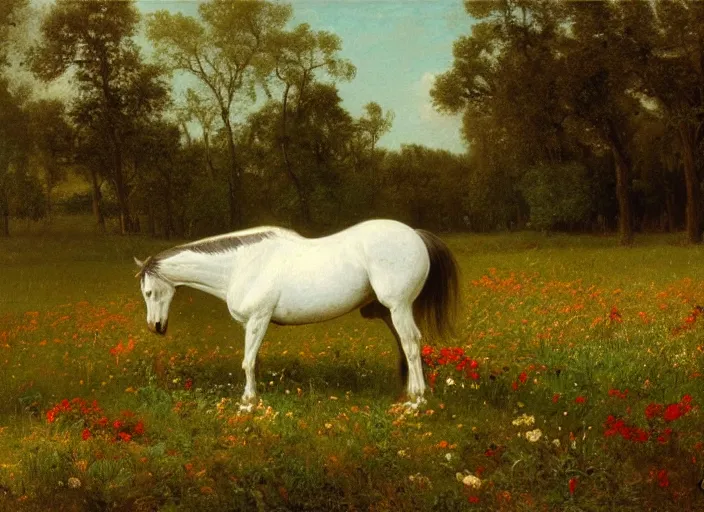 Image similar to a painting of a horse in the middle of a field of flowers by Albert Bierstadt