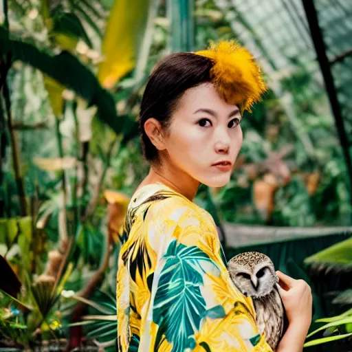 Image similar to close up portrait of beautiful woman wearing a yellow kimono in a tropical greenhouse with an owl on her shoulder, bokeh, cinematic colors