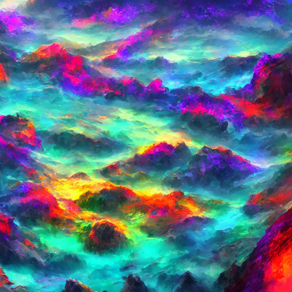 Image similar to a colourful abyss, landscape, digital art, detailed