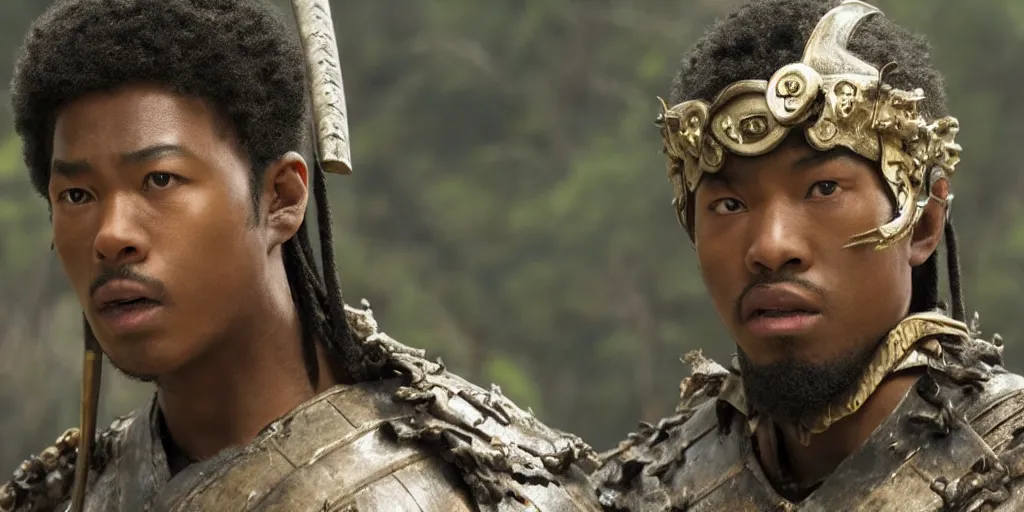 Image similar to a film still of a black boy starring in a japanese blockbuster film as ancient samurai, intense, shallow depth of field, cinematic, award winning cgi, vfx, film still