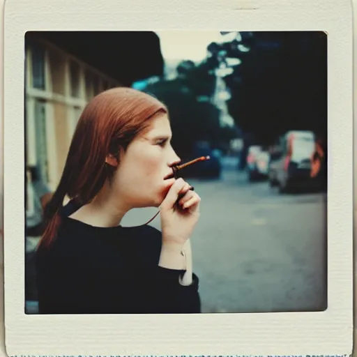 Image similar to instant photograph of a woman smoking in the streets, polaroid, rule of thirds, nostalgic, modern clothing, raw, light leak
