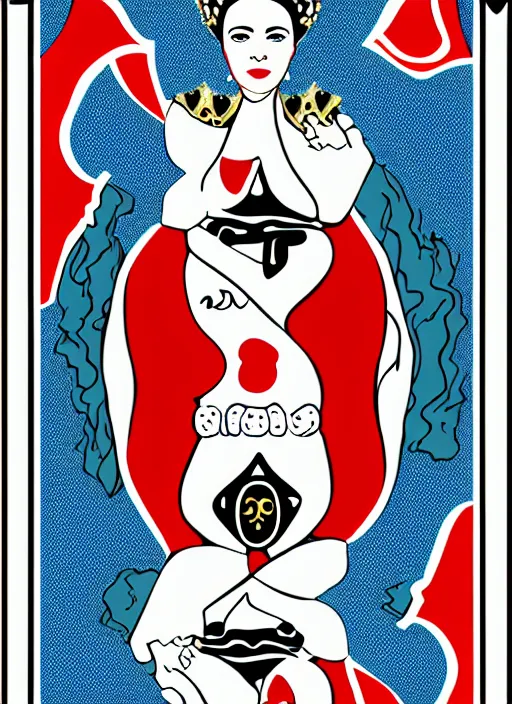 Prompt: playing card called the pregnant queen, 2D, vector art in the style of bycicle decks,