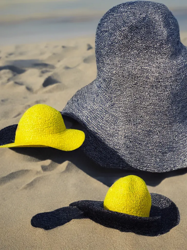 Image similar to an add campain for a yellow freezbee in the shape of a hat, taking place on the beach, closeup shot with depth of field, high quality promotional picture