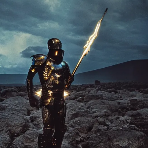 Prompt: badass photograph of a man clad in black metallic armor holding a glowing trident, background of a nuclear wasteland at night with lava, dramatic lighting, film still