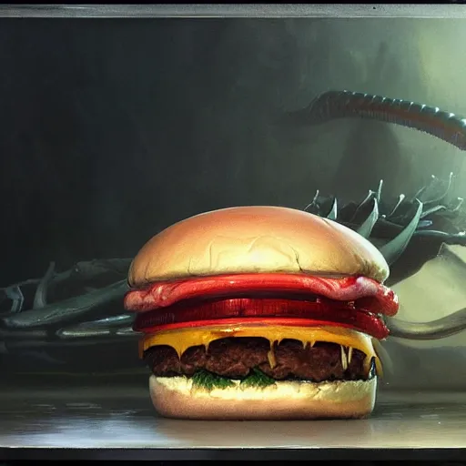 Prompt: hyper realistic hamburger as a xenomorph, painted by greg rutkowski, unreal engine,