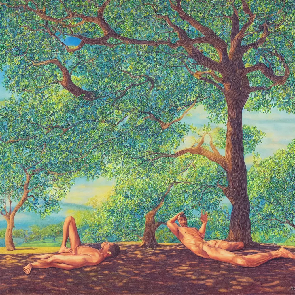 Image similar to painting of a peaceful man relaxing under a tree by alex grey, acrylic art, calm, soothing, cosy, elegant, soft light,