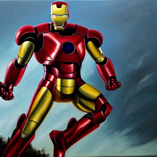 Image similar to photorealistic oil painting of a scrap built iron man suit flying in a post apocalyptic world