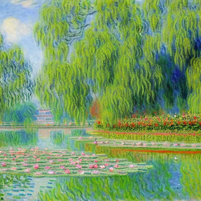 Prompt: a beautiful painting summer palace garden and lotus pond in beijing, by claude monet realistic oil painting
