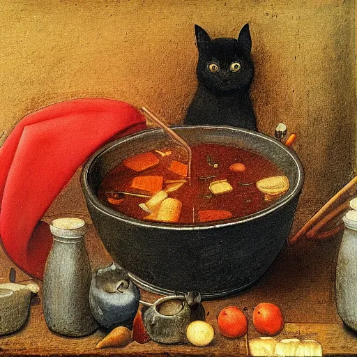 Image similar to the cat in small red hat is making a pot of soup, drawn by Leonardo Da Vinci, oil painting, trending in Artstation, artstationHD, 4k