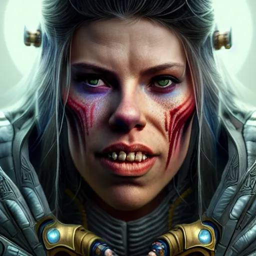 Image similar to portrait painting of a cyberpunk orc shaman extremely muscular ugly scarlett johansson with bad teeth, ultra realistic, concept art, intricate details, eerie, highly detailed, photorealistic, octane render, 8 k, unreal engine. art by artgerm and greg rutkowski and charlie bowater and magali villeneuve and alphonse mucha