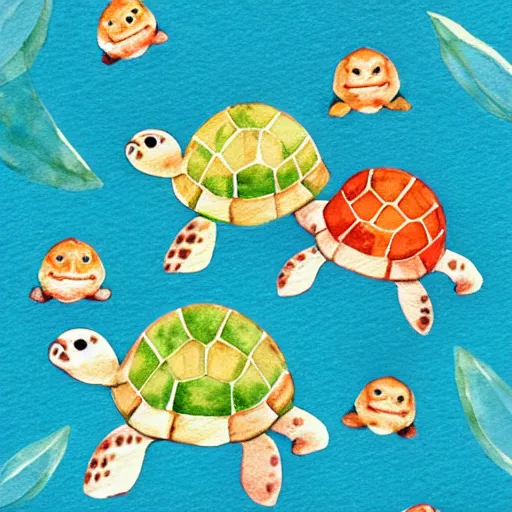 Image similar to Adorable turtles playing at the park in watercolor style