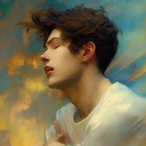 Image similar to detailed portrait of serene anime boy raphael, closed eyes, natural light, painting by gaston bussiere, craig mullins, j. c. leyendecker