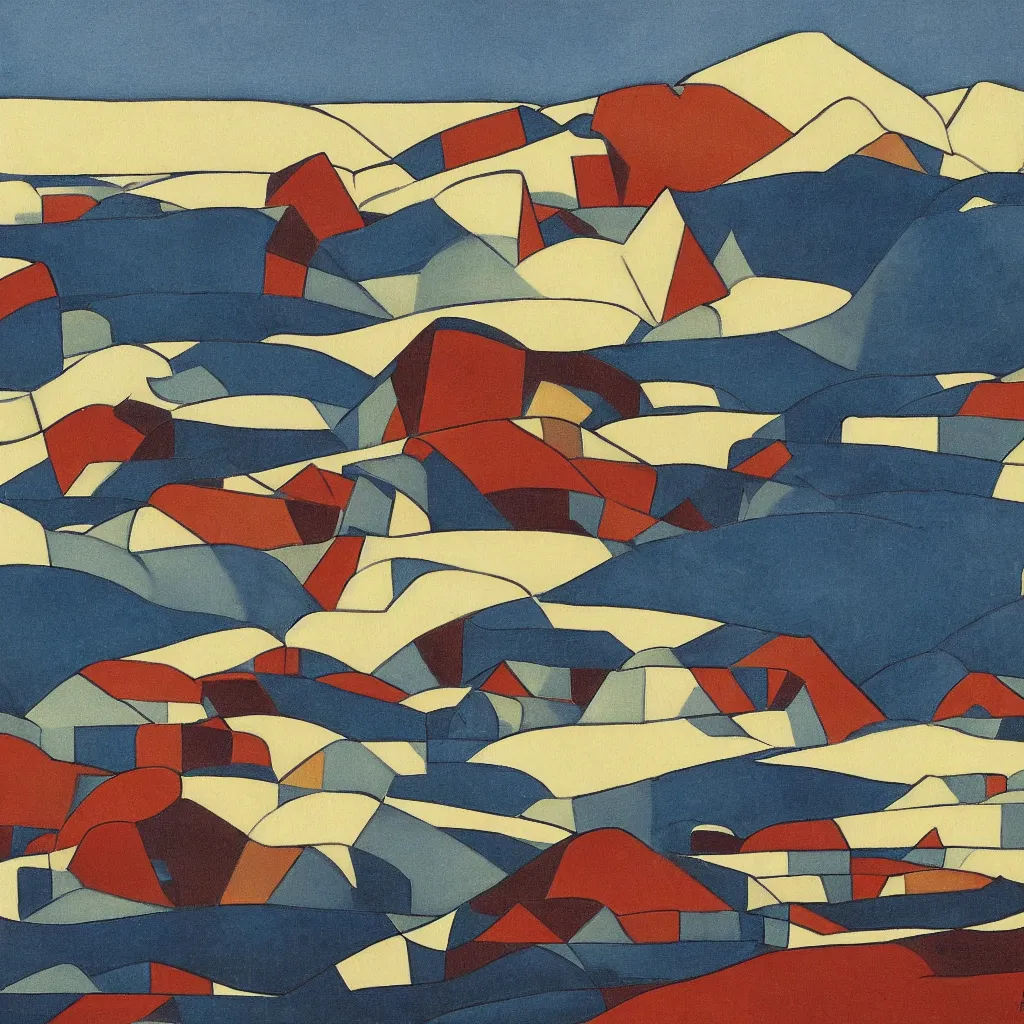 Image similar to isometric artdeco iceland landscape by frank lloyd wright, isometric, painted by piet mondrian