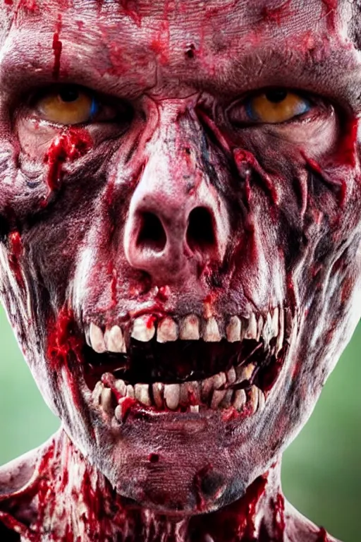 Prompt: up close photograph of a real - life zombie from the tv show the walking dead skin and jaw, studio camera shot on a red 5, award winning vfx and cinematography