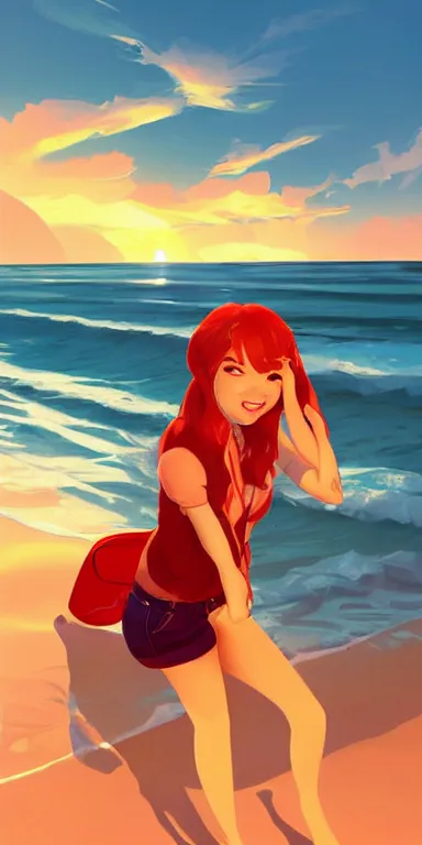 Image similar to lois van baarle, artgerm, helen huang, by makoto shinkai and ilya kuvshino, rossdraws, illustration, art by ilya kuyshuno. cute scarlet red haired cyborg woman, denim shorts, at beach at sunset, beautiful face, smiling, clean cel shaded vector art, exaggerated proportions