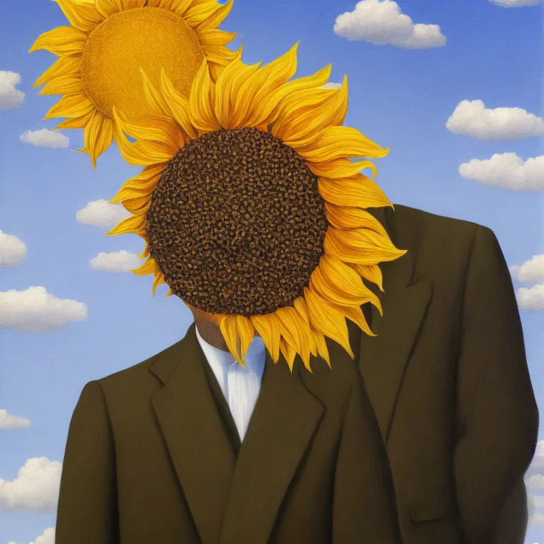 Image similar to portrait of a faceless sunflower - head man in a suit, clouds in the background, by rene magritte, detailed painting, distance, centered, hd, hq, high resolution, high detail, 4 k, 8 k