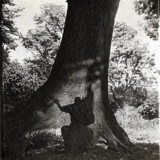 Image similar to shadow monster hiding behind a tree, vintage photo, eerie, 1920s