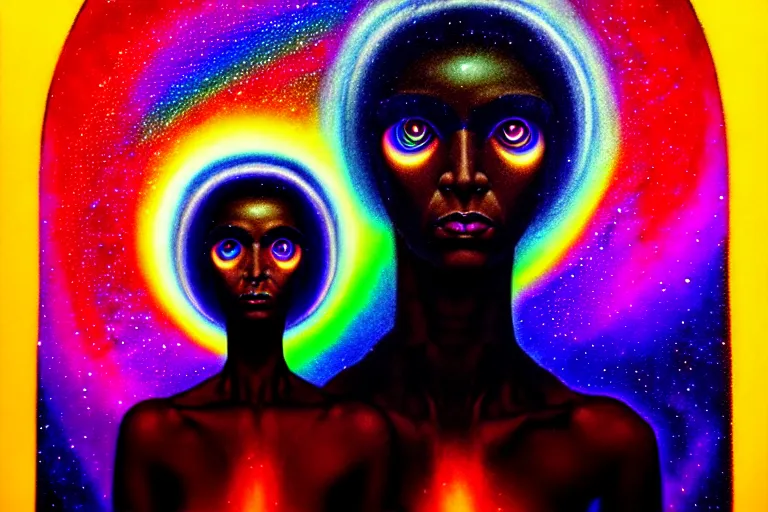 Image similar to patron saint of 🛸🌈👩🏾, futuristic iridescent clothing, wormhole, nebula, black hole, multiverse, neon god of city character portrait, in the style of margaret keane, moebius, tom bagshaw, and waterhouse, cinematic lighting, beautiful, elegant, oil painting,