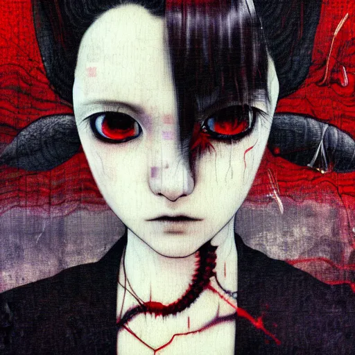 Image similar to yoshitaka amano blurred and dreamy realistic three quarter angle horror portrait of a sinister young woman with short hair, horns and red eyes wearing office suit with tie, junji ito abstract patterns in the background, satoshi kon anime, noisy film grain effect, highly detailed, renaissance oil painting, weird portrait angle, blurred lost edges