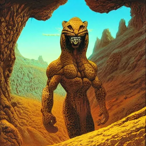 Image similar to leopard man alien walking towards a mountain, magical bright world, volumetric lighting, high render, fine detail, Artwork by roger dean + Richard Corben + Mark Arian + Wayne Barlowe + Boris Vallejo + Julie Bell