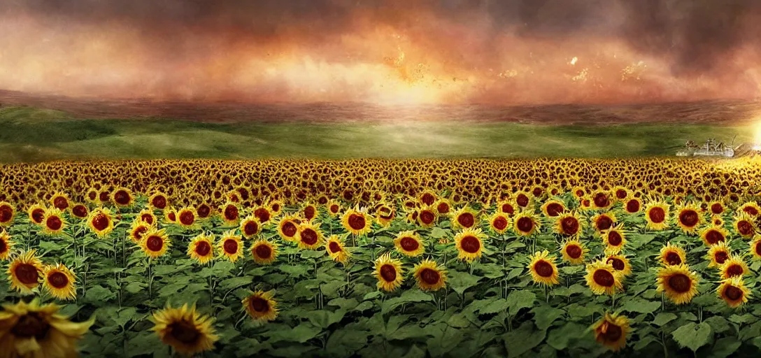 Prompt: the battle of the Somme with one single sunflower, cinematic shot, hyper realistic, hyper detailed