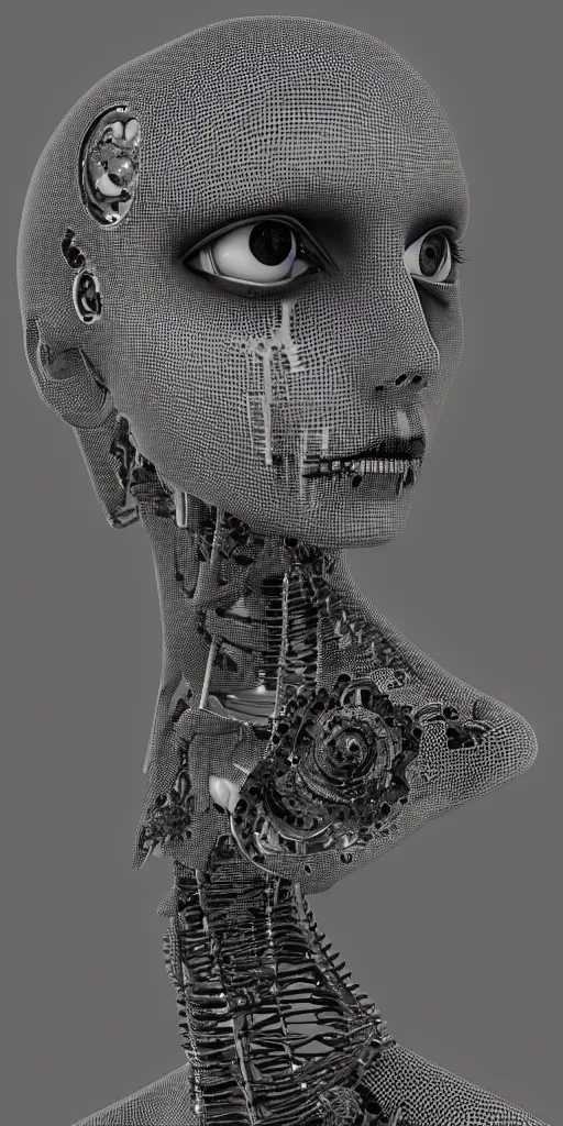 Image similar to black and white dreamy foggy smoky profile face portrait, single skeletal biomechanical beautiful young female cyclops - cyborg - robot bust, body ribs meshes,, volumetric light, rim light, by dora maar and cecile beaton, big gothic fashion pearl embroidered collar, 8 k
