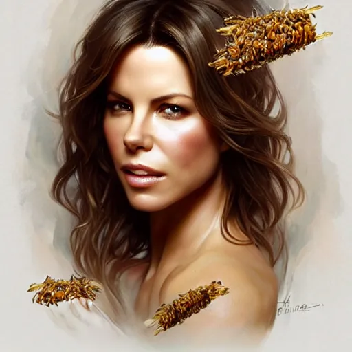 Image similar to Kate Beckinsale covered in honey eating fork, D&D, fantasy, intricate, elegant, highly detailed, digital painting, artstation, concept art, matte, sharp focus, illustration, hearthstone, art by Artgerm and Greg Rutkowski and Alphonse Mucha