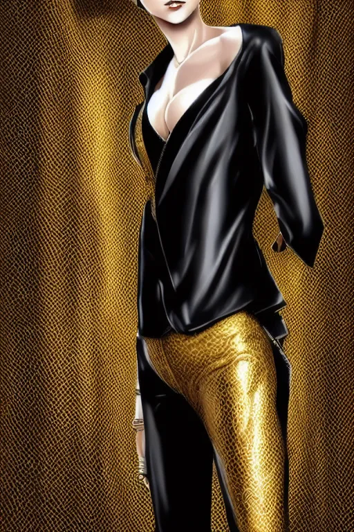 Image similar to yakuza slim girl, gold suit jacket in snake print, jacket over bare torso, yakuza tattoo on body, black short curtain haircut, black leather pants with black belt, portrait, elegant, 2d, ultra highly detailed, digital painting, smooth, sharp focus, artstation, art by Ilya Kuvshinov, rossdraws