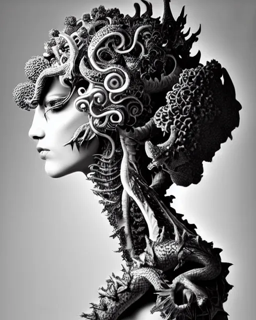 Image similar to dark background, a black and white high quality dreamy photo of a young beautiful female queen-dragon-vegetal-cyborg bust with a very long neck and delicate Mandelbrot fractal face, elegant, highly detailed, flesh highly baroque ornate, hair are curled wired cables, elegant, poetic, soft, dreamy, mysterious, high fashion, rim light, in the style of Ellen von Unwerth, Realistic, Refined, Digital Art, Highly Detailed, Cinematic Lighting, rim light, black and white, photo-realistic, 8K