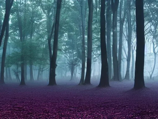 Prompt: a misty forest, futuresynth design, dark purple color scheme, 4 k