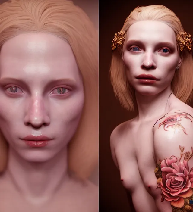 Image similar to baroque portrait of a blonde princess of porceline skin, floral tattoos, cinematic lighting, photorealistic, octane render, 8 k, depth of field, art by francis bacon