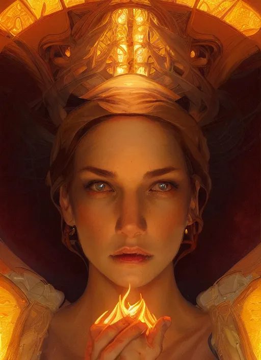 Image similar to symmetry!! portrait of fire, glowing lights!! intricate elegant, highly detailed, digital painting, artstation, concept art, smooth, sharp focus, illustration, art by artgerm and greg rutkowski and alphonse mucha